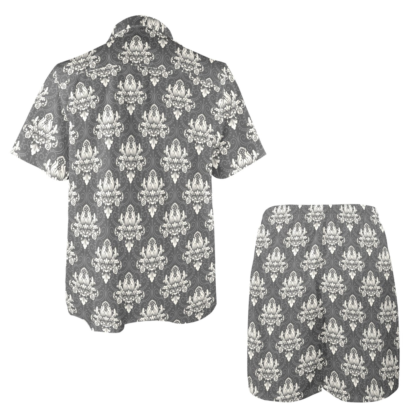 damask gray Design Print Pattern JJ056 Men's Beach Shirt and Shorts Set