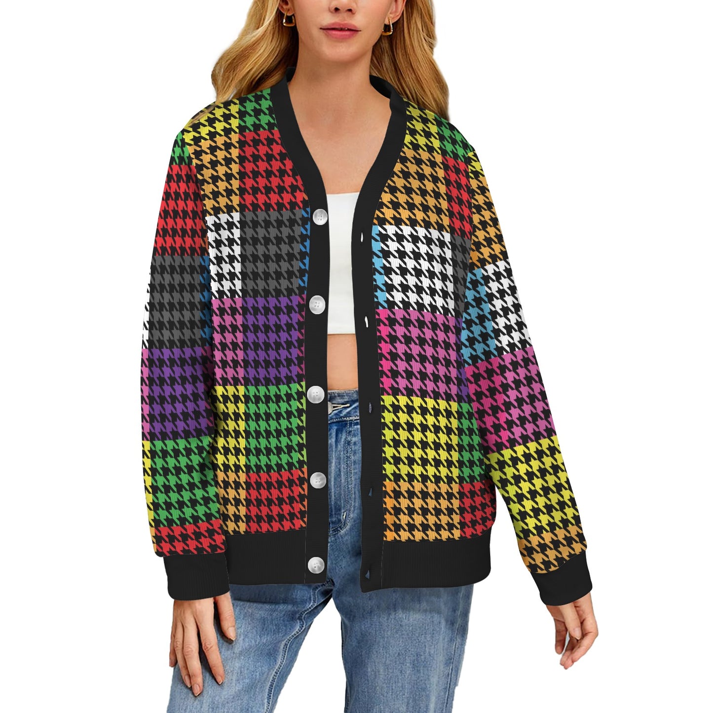 Houndstooth Colorful Pattern Print Design 01 Women's Cardigan