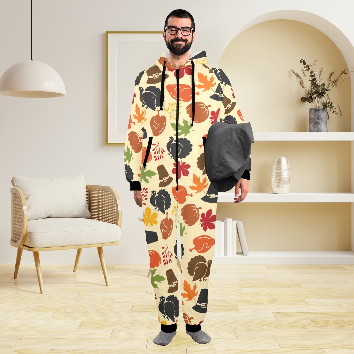 Thanksgiving Print Design LKS303 Hooded Fleece Onesie Pajama Jumpsuit