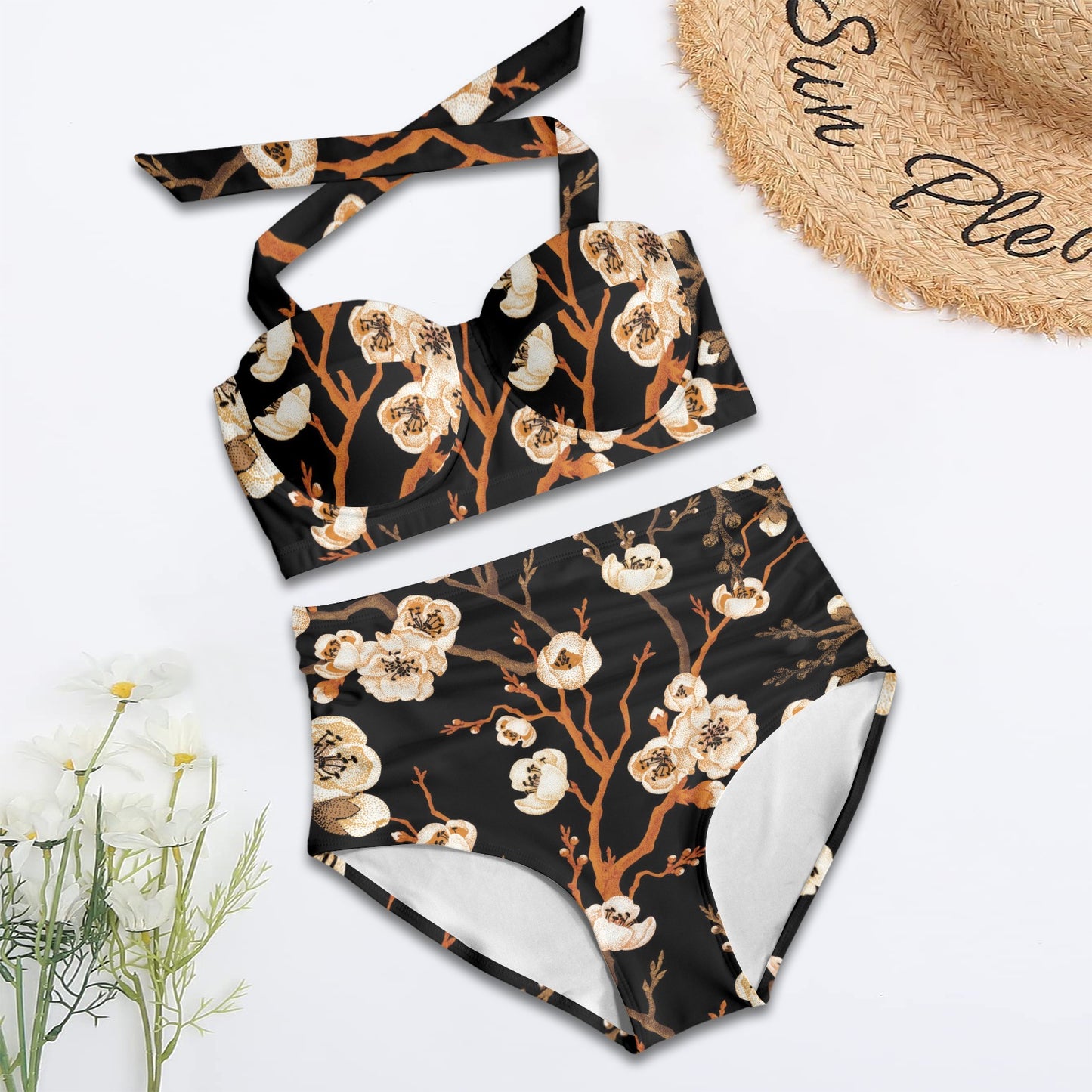 Cherry Blossom Shower Curtain Halter Neck Bikini Swimsuit