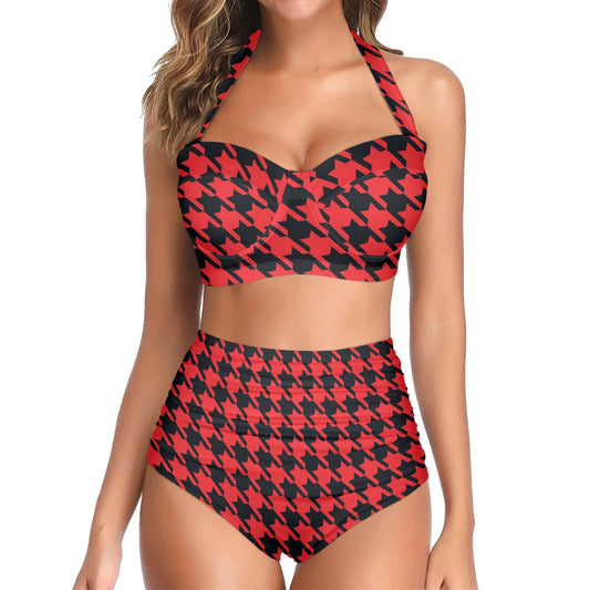 Houndstooth Red Pattern Print Design 03 Halter Neck Bikini Swimsuit