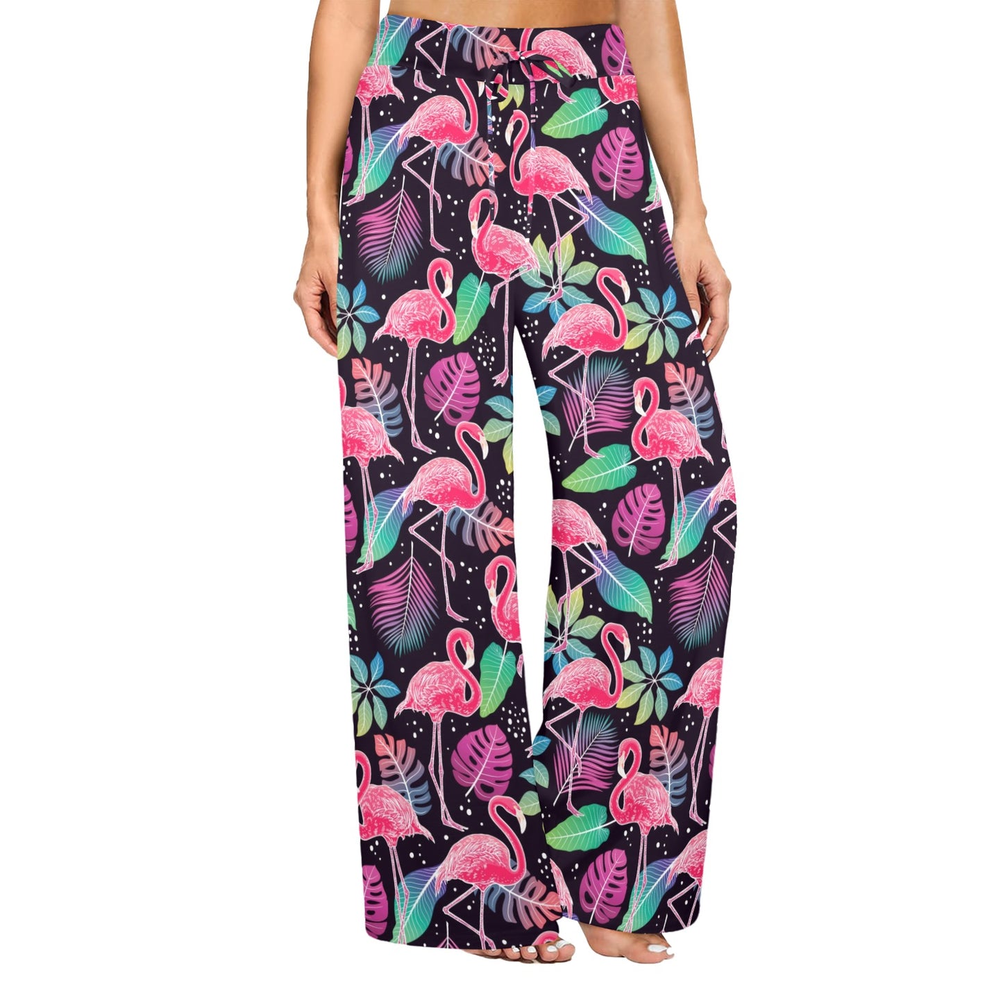 Flamingo Tropical leaves Neon Print Women's Wide Leg Lounge Pants