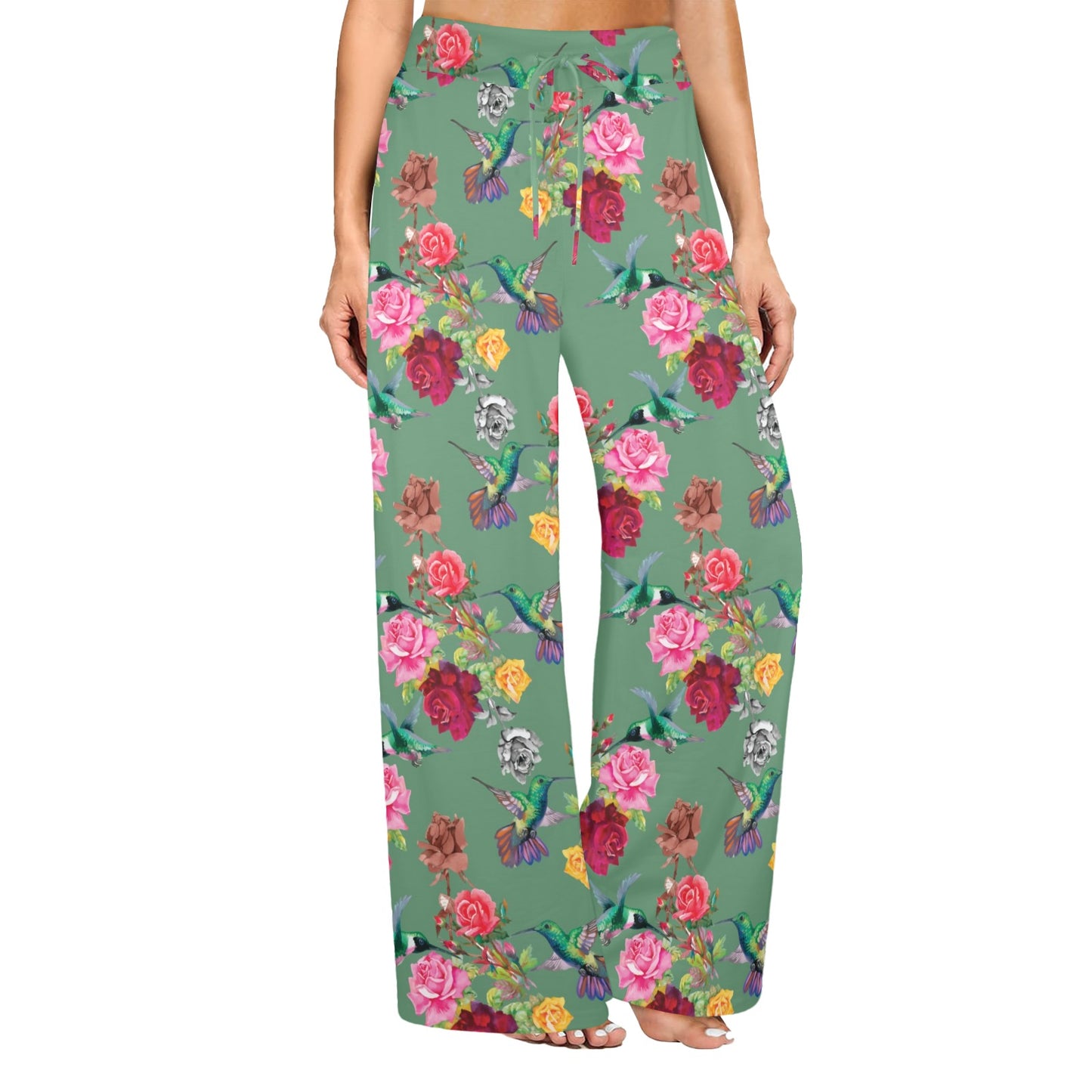 Hummingbird with Rose Themed Print Women's Wide Leg Lounge Pants