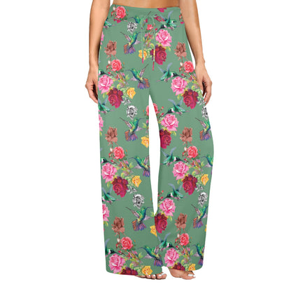 Hummingbird with Rose Themed Print Women's Wide Leg Lounge Pants