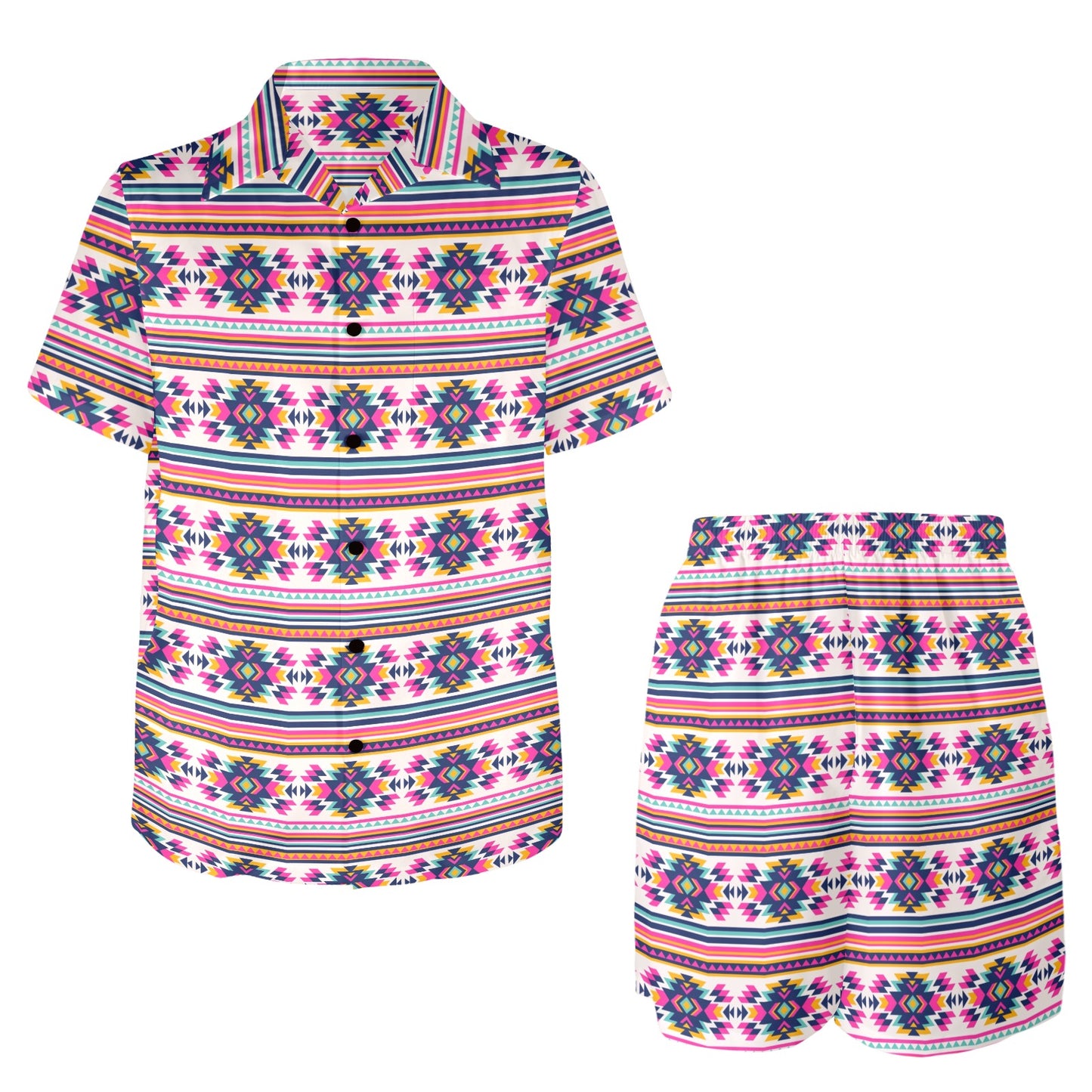 Indian Navajo Neon Themed Design Print Men's Beach Shirt and Shorts Set