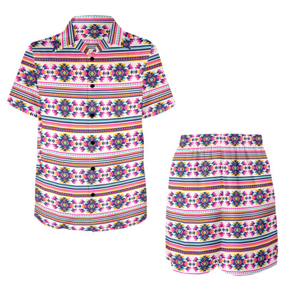 Indian Navajo Neon Themed Design Print Men's Beach Shirt and Shorts Set