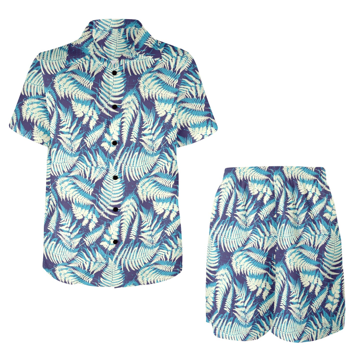 Fern Leave Summer Print Pattern Men's Beach Shirt and Shorts Set