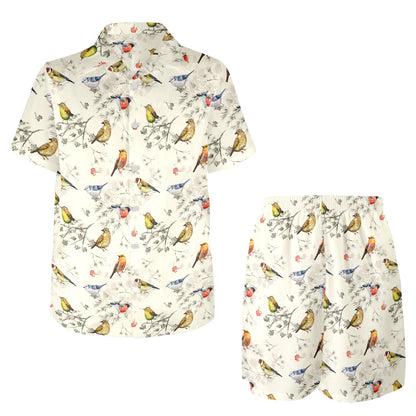 Bird Watercolor Design Pattern Men's Beach Shirt and Shorts Set