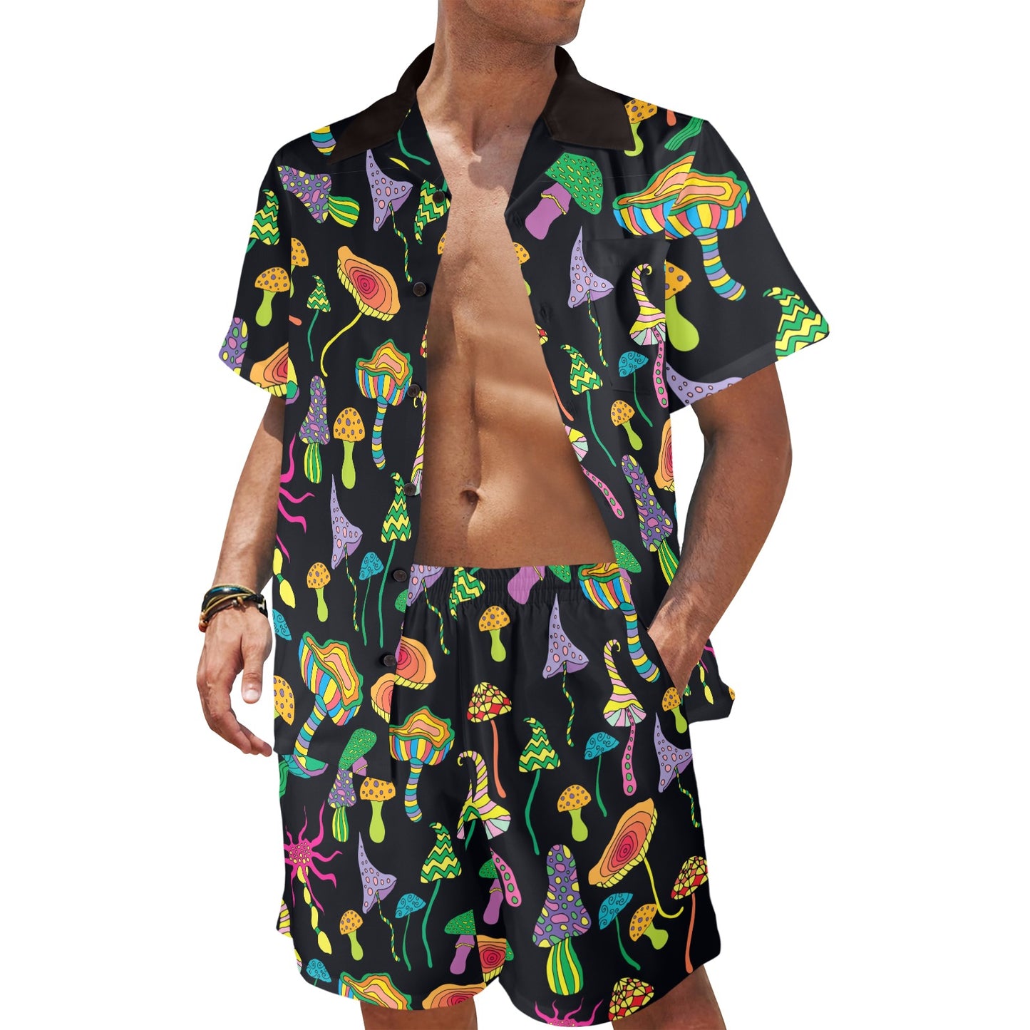 Psychedelic Mushroom Pattern Print Design A02 Men's Beach Shirt and Shorts Set