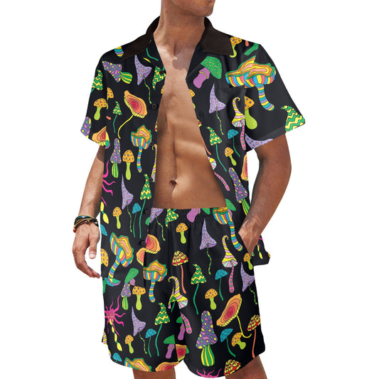 Psychedelic Mushroom Pattern Print Design A02 Men's Beach Shirt and Shorts Set