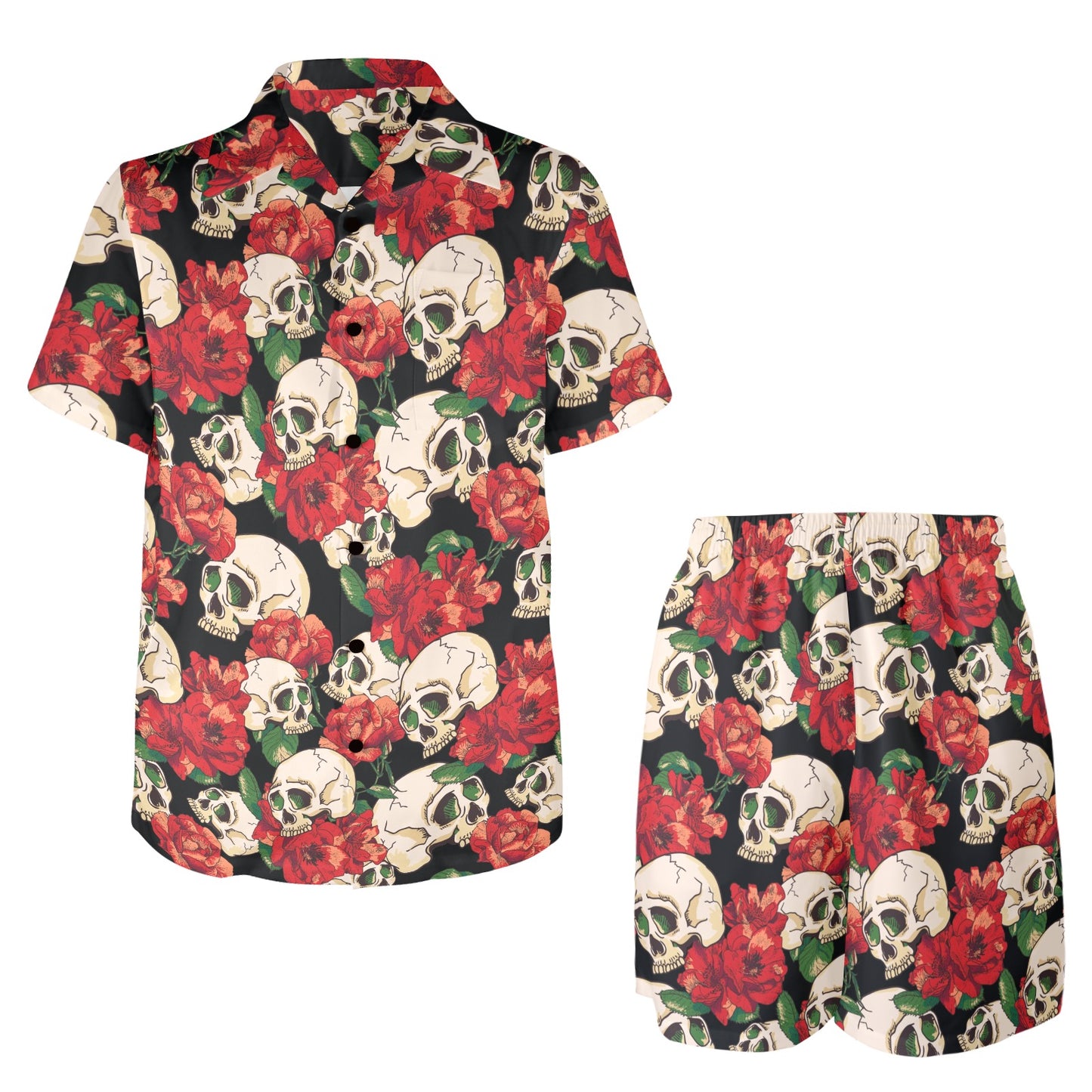Skull Red Rose Men's Beach Shirt and Shorts Set