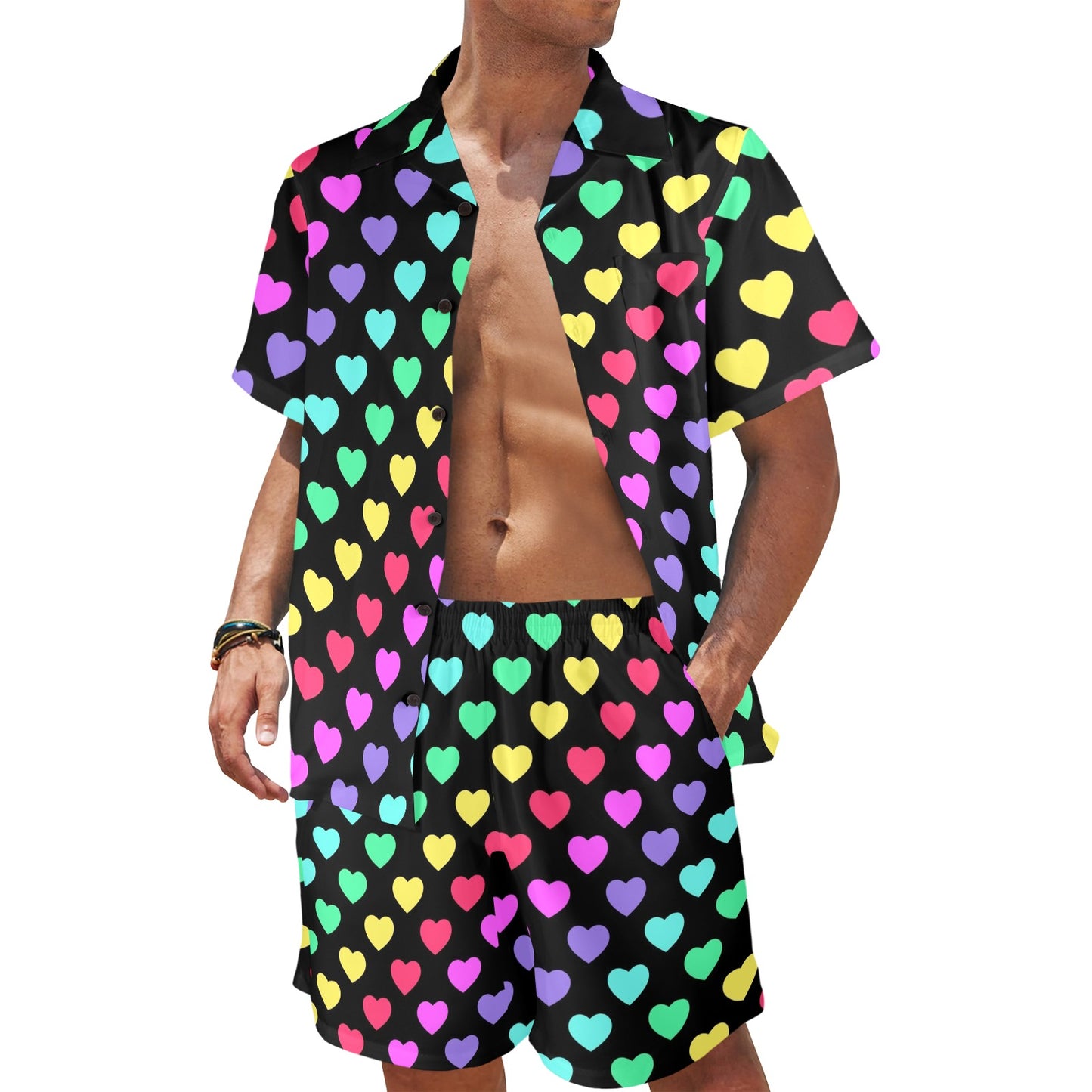 Heart Rainbow Pattern Print Design HE02 Men's Beach Shirt and Shorts Set