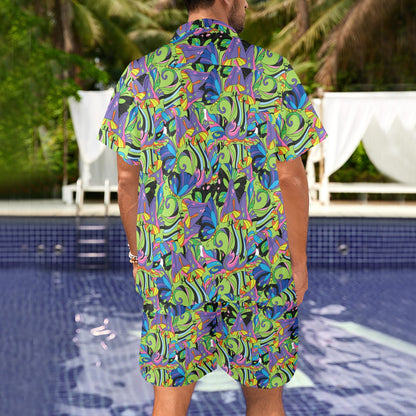 Psychedelic Trippy Mushroom Themed Men's Beach Shirt and Shorts Set