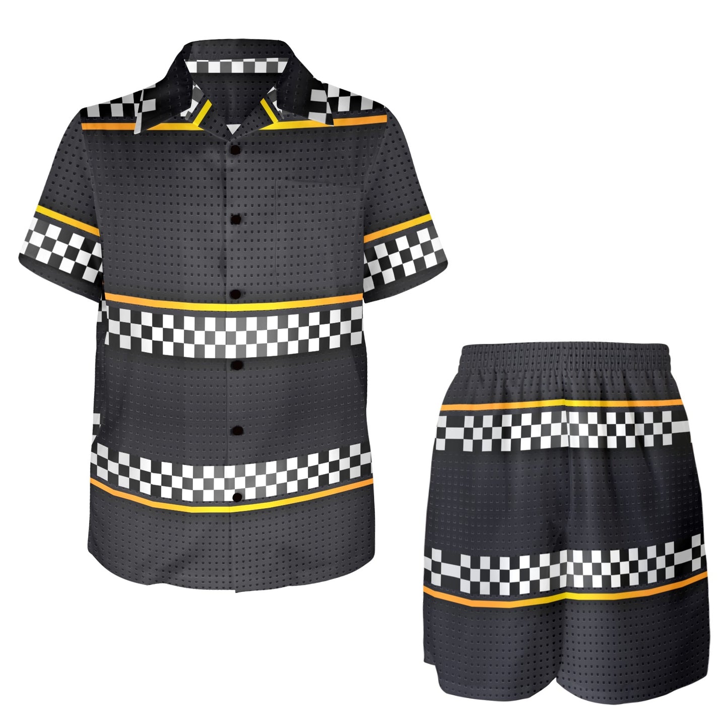 Checkered Flag Yellow Line Style Men's Beach Shirt and Shorts Set