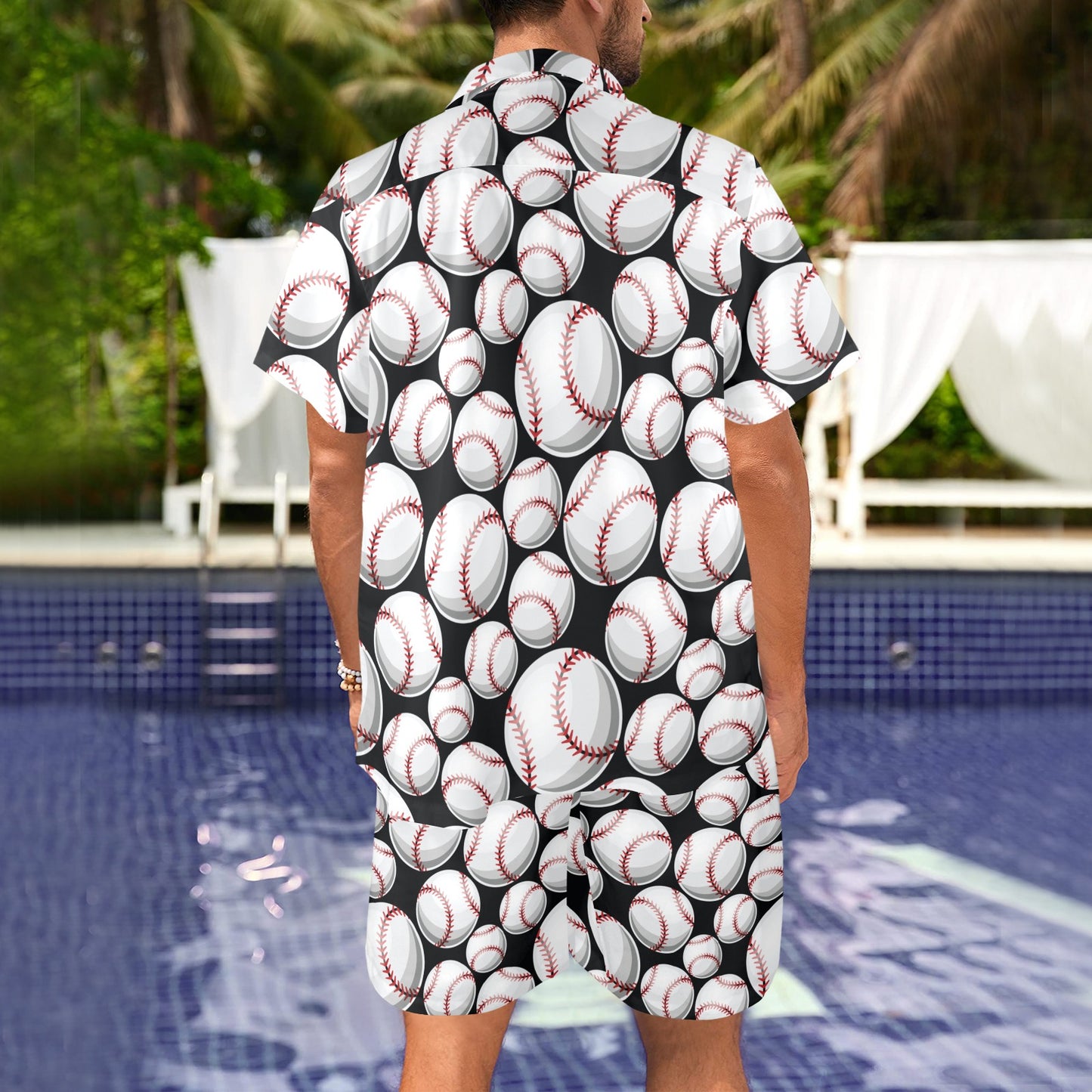 Baseball Black Background Men's Beach Shirt and Shorts Set