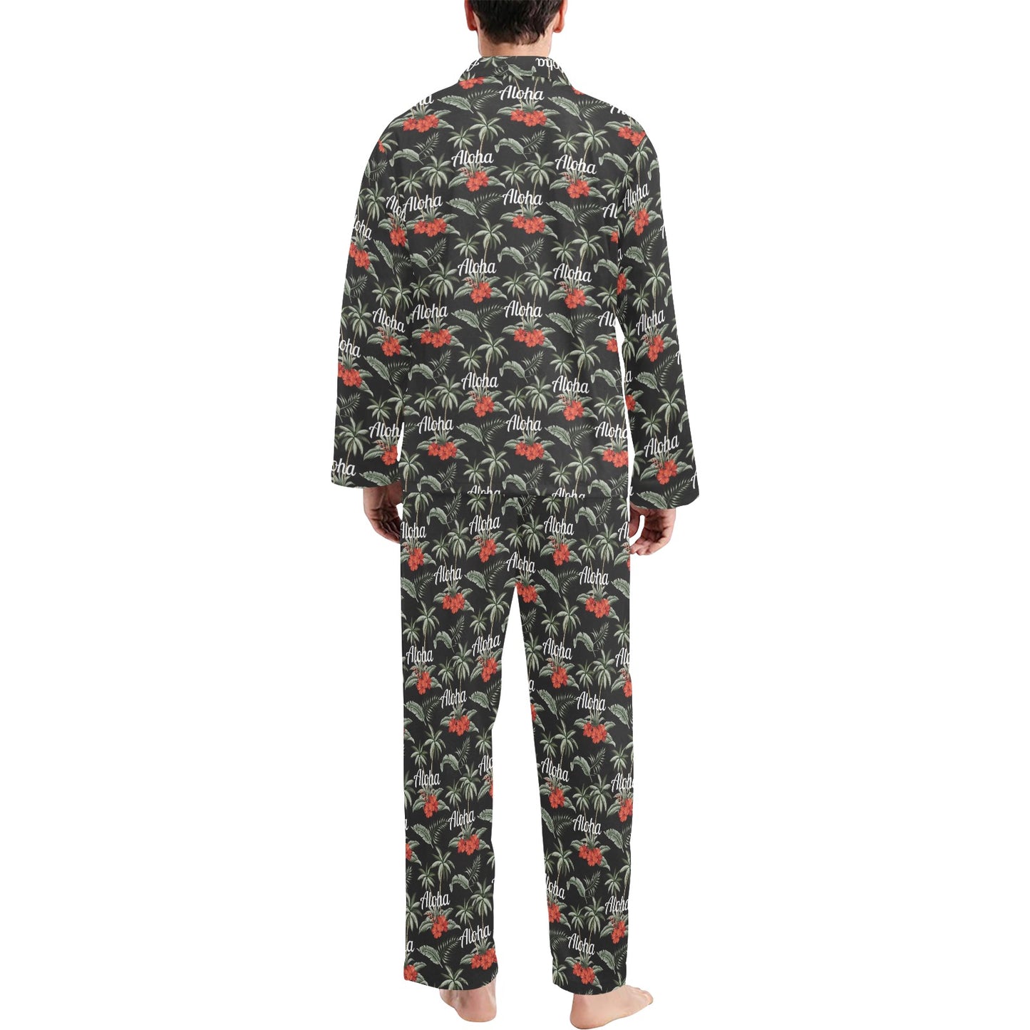 Aloha Palm Tree Design Themed Print Men's Long Pajama Set