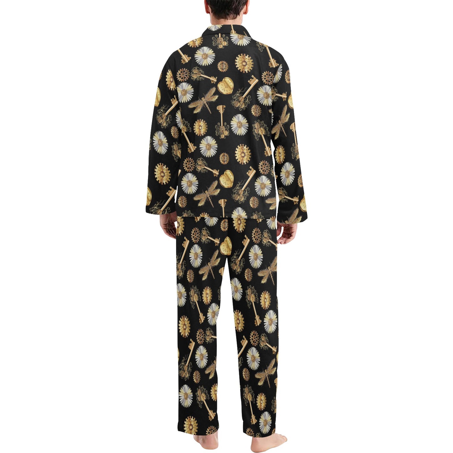 Steampunk Dragonfly Design Themed Print Men's Long Pajama Set