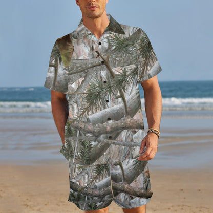 Camo Realistic Tree Forest Pattern Men's Beach Shirt and Shorts Set