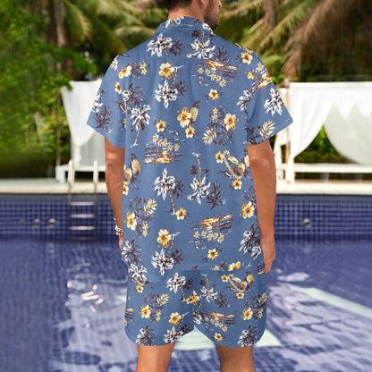 Hawaiian Flower Blue Print Men's Beach Shirt and Shorts Set