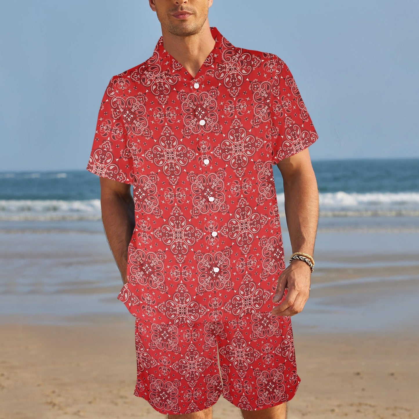Bandana Red Pattern Print Design LKS3010 Men's Beach Shirt and Shorts Set