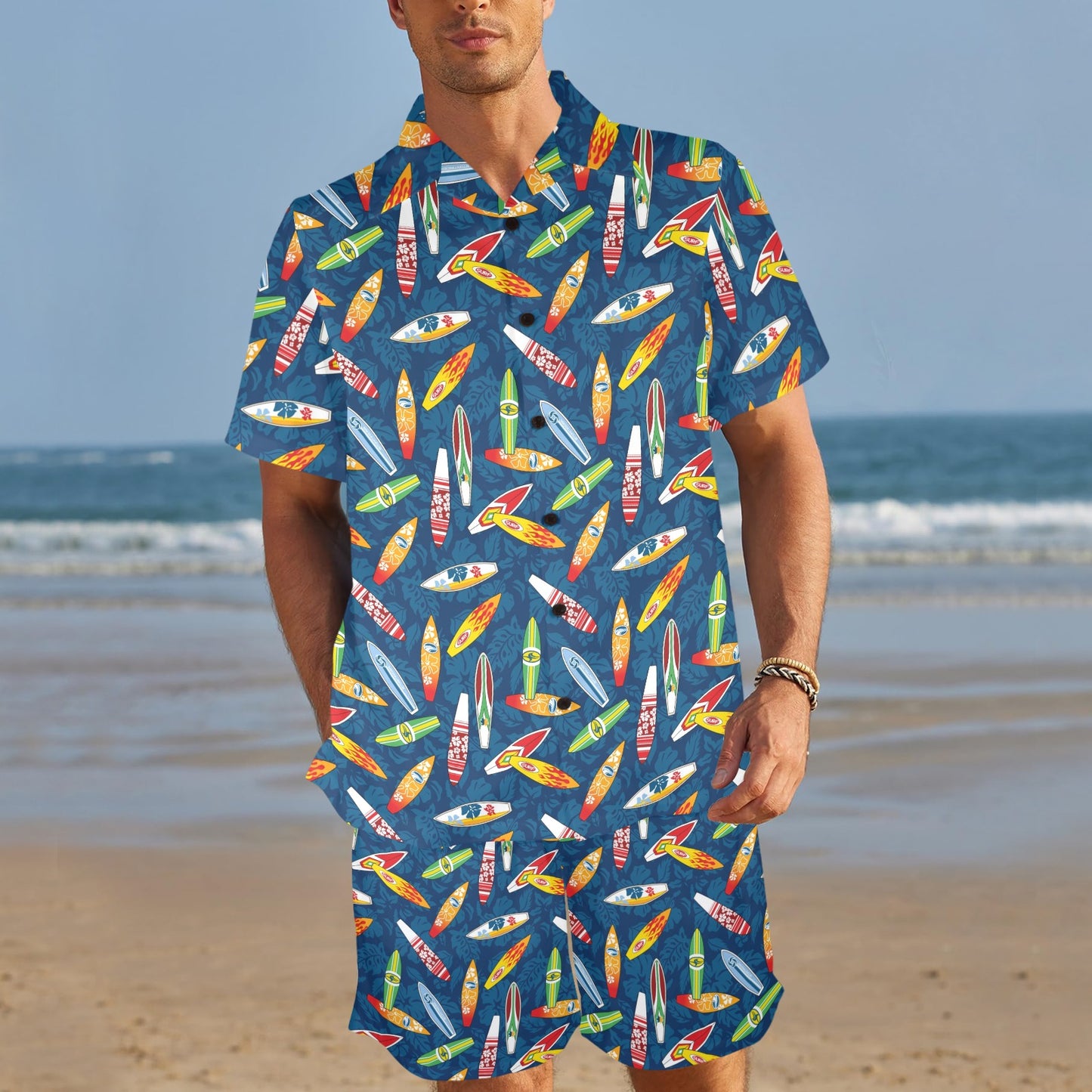 Surfboard Pattern Print Men's Beach Shirt and Shorts Set