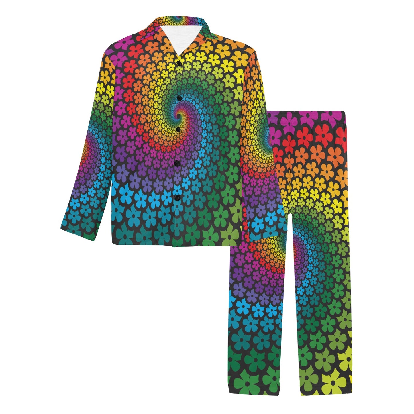 Flower Power Rainbow Spiral Print Men's Long Pajama Set