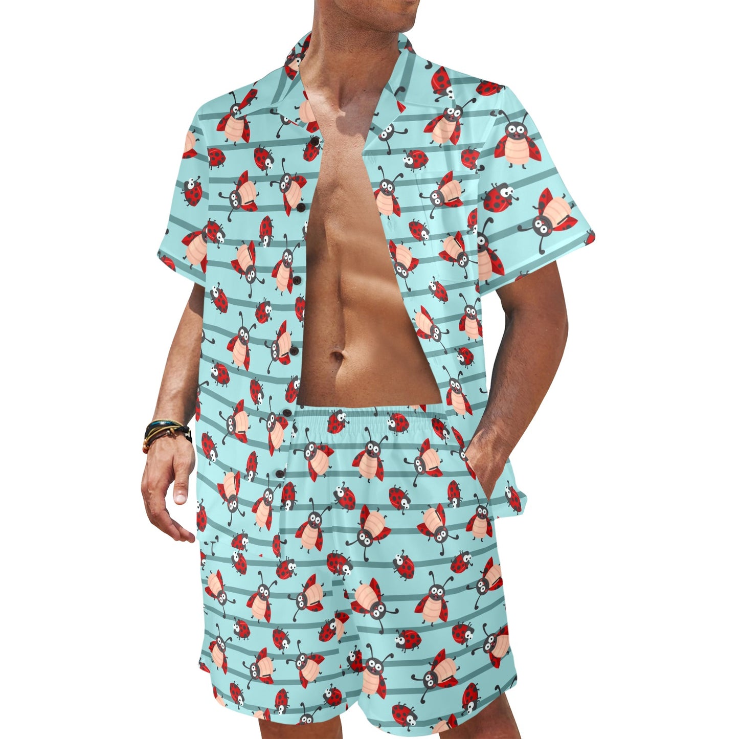 Ladybug Happy Print Pattern Men's Beach Shirt and Shorts Set