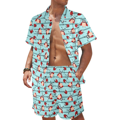 Ladybug Happy Print Pattern Men's Beach Shirt and Shorts Set