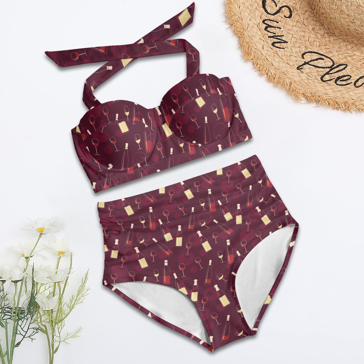 Wine Themed Pattern Print Halter Neck Bikini Swimsuit