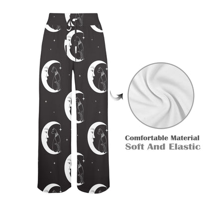 Moon with Cat Pattern Print Design 04 Women's Wide Leg Lounge Pants