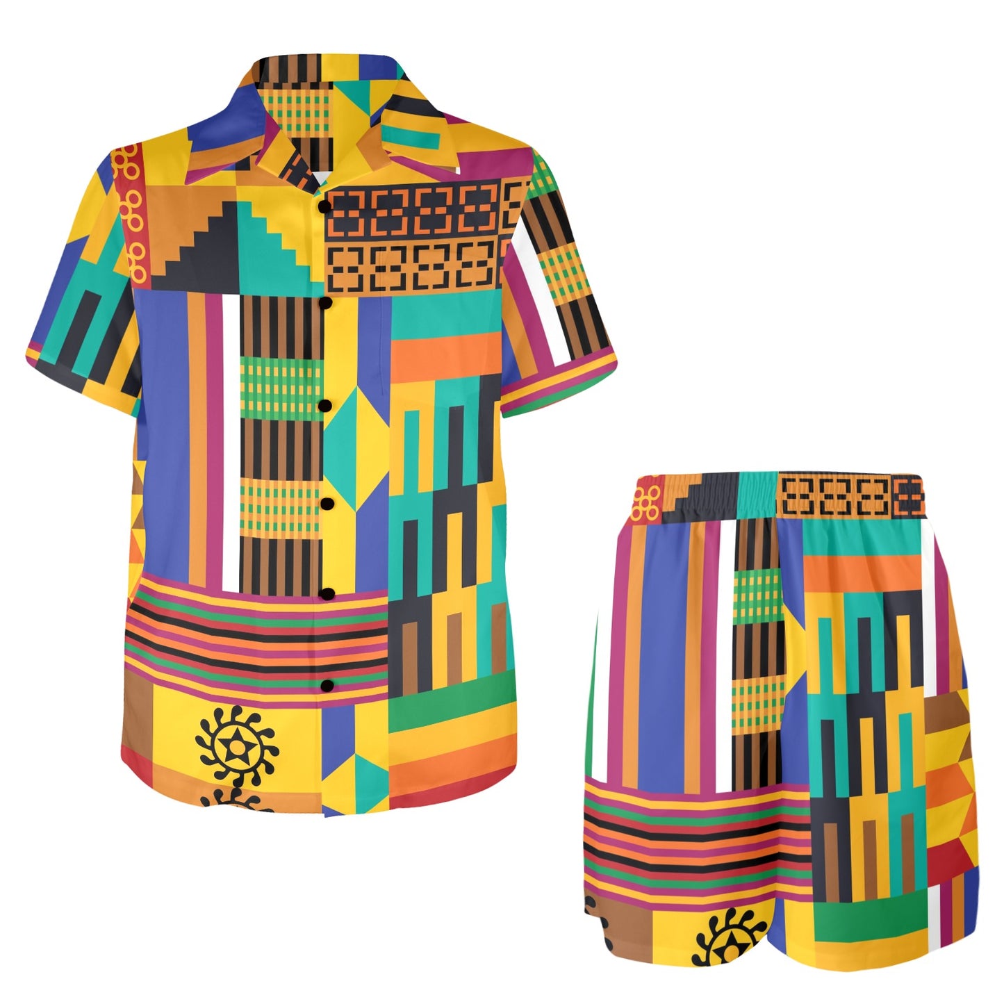 Kente Pattern Print Design 03 Men's Beach Shirt and Shorts Set