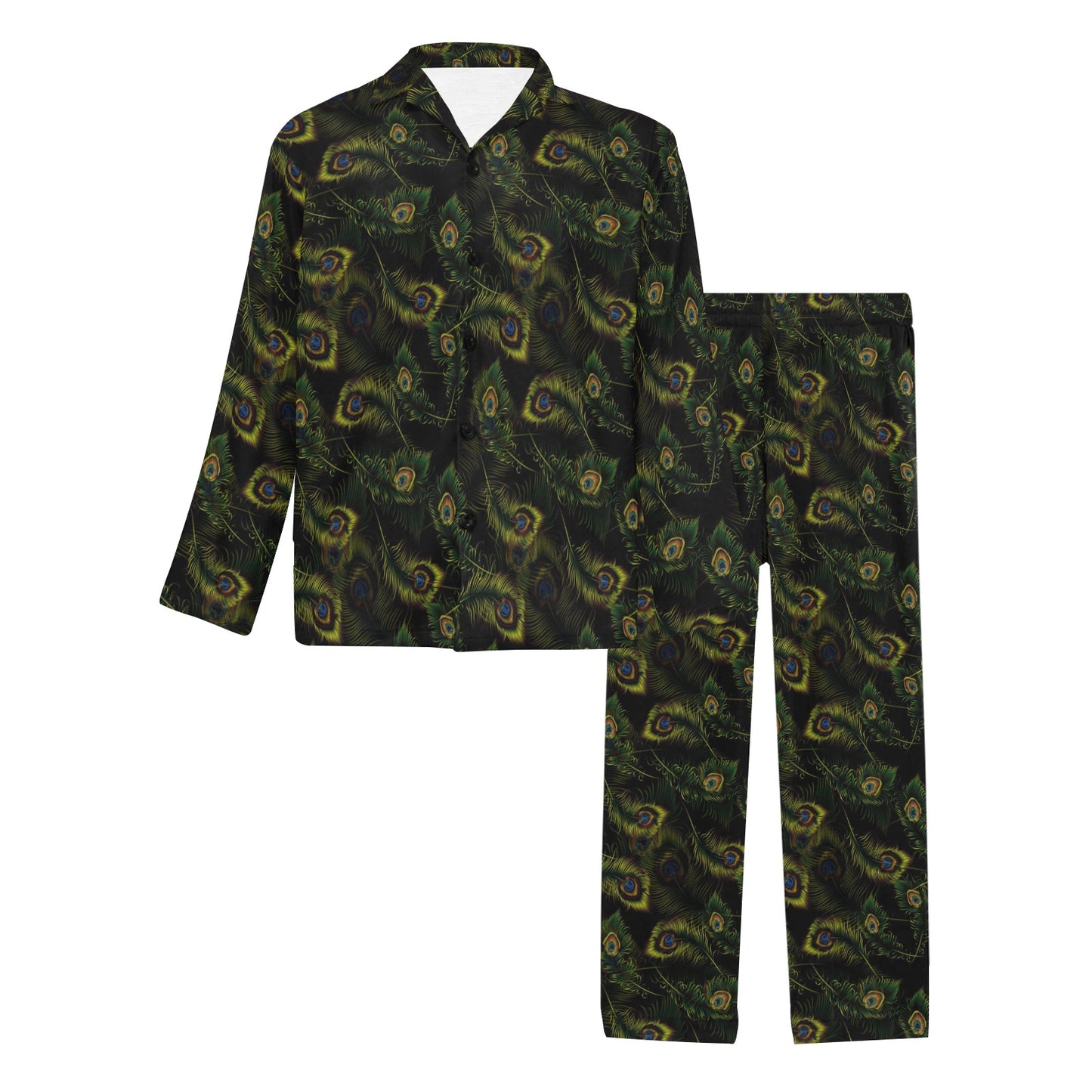 Peacock Feather Pattern Design Print Men's Long Pajama Set