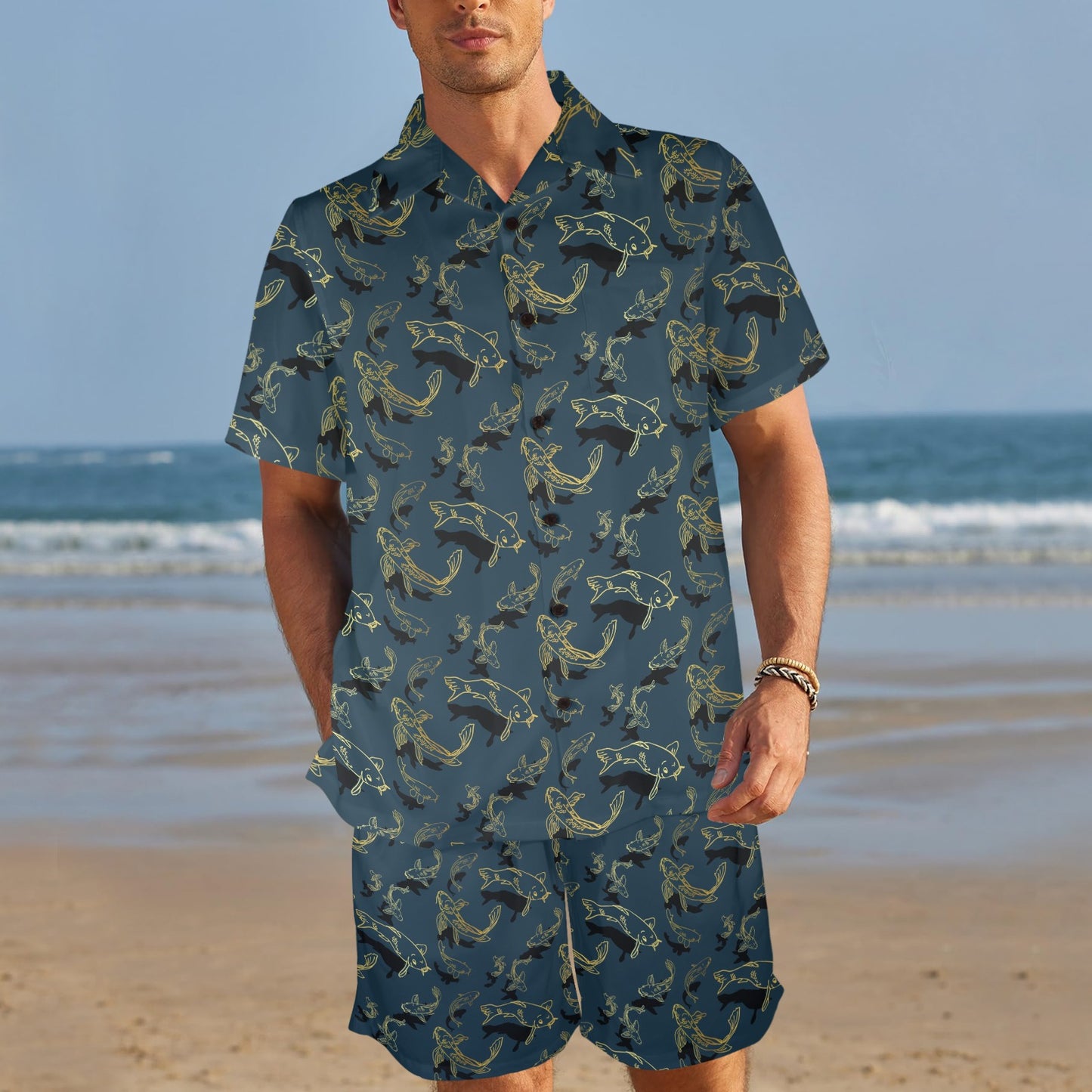 Koi Carp Gold Design Themed Print Men's Beach Shirt and Shorts Set