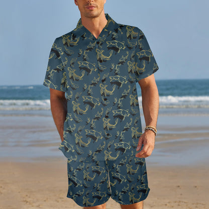 Koi Carp Gold Design Themed Print Men's Beach Shirt and Shorts Set