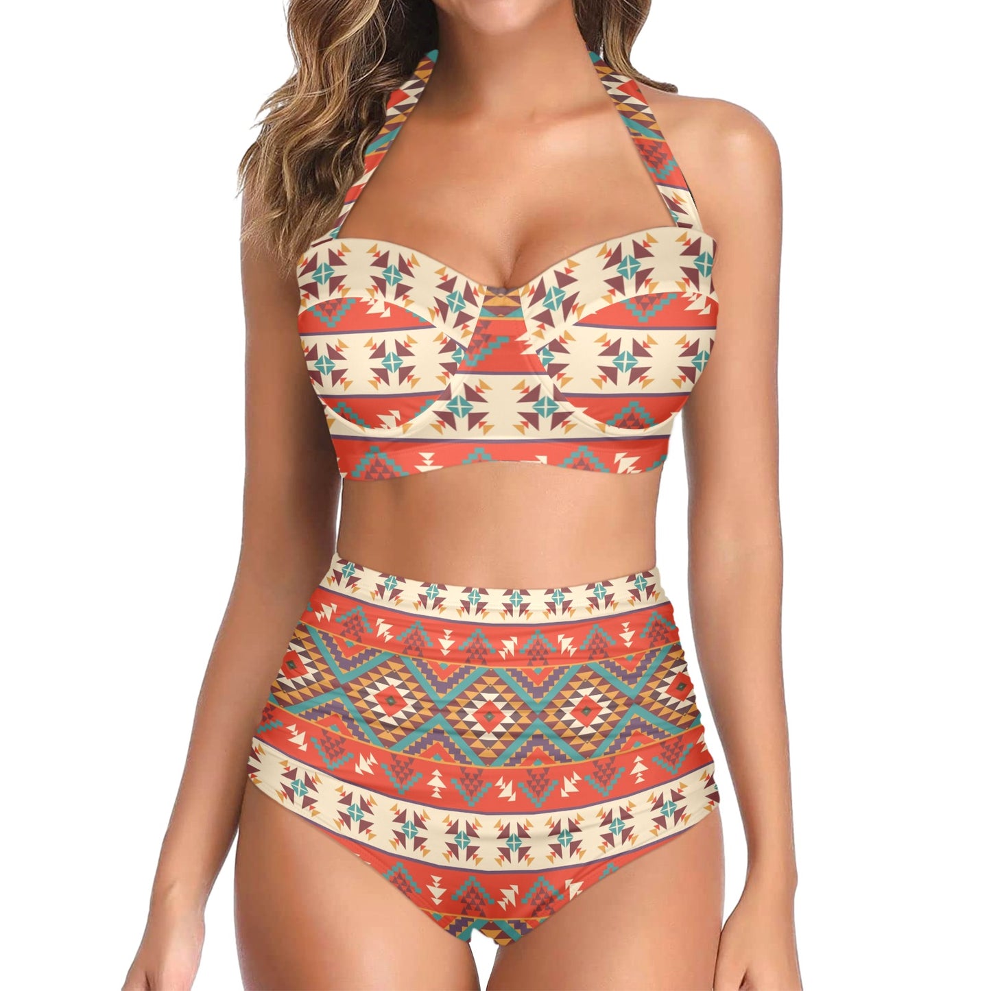 Aztec Red Print Pattern Halter Neck Bikini Swimsuit