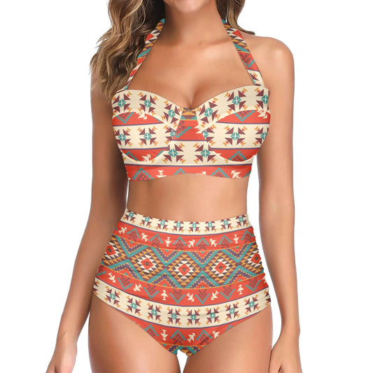 Aztec Red Print Pattern Halter Neck Bikini Swimsuit