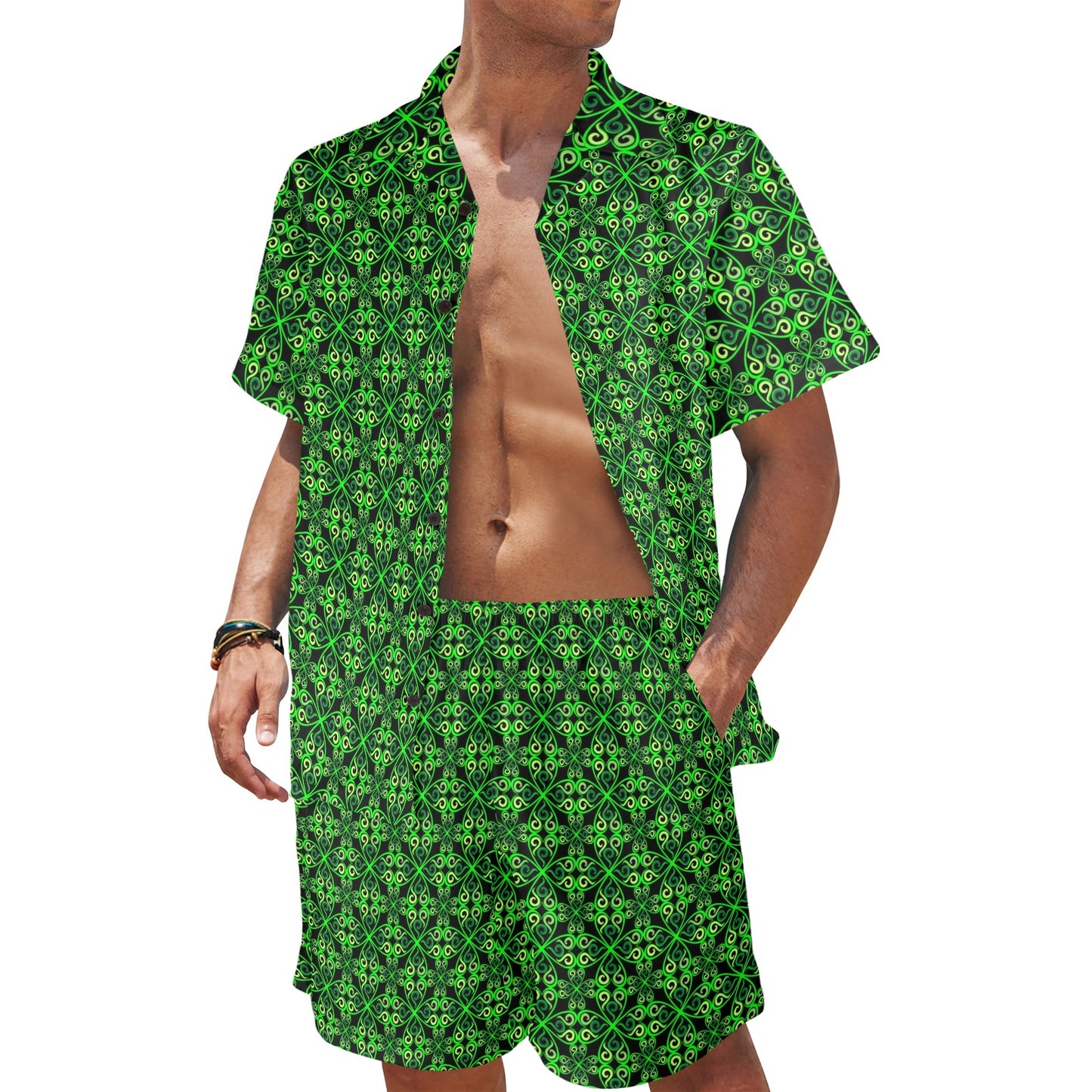 Celtic Green Neon Design Men's Beach Shirt and Shorts Set