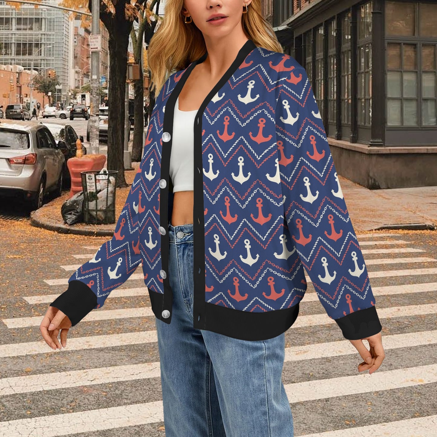 Anchor Pattern Print Design 07 Women's Cardigan
