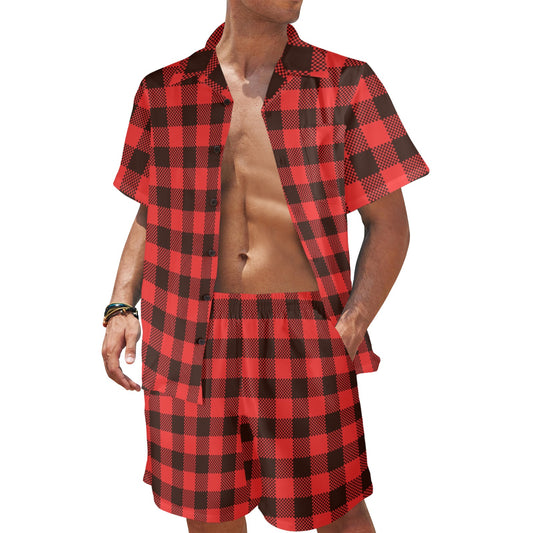 Buffalo check Red Pattern Print Design 05 Men's Beach Shirt and Shorts Set