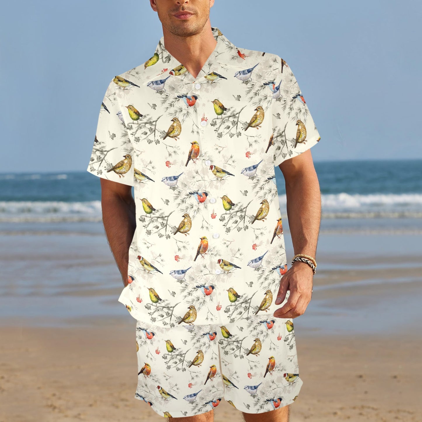 Bird Watercolor Design Pattern Men's Beach Shirt and Shorts Set