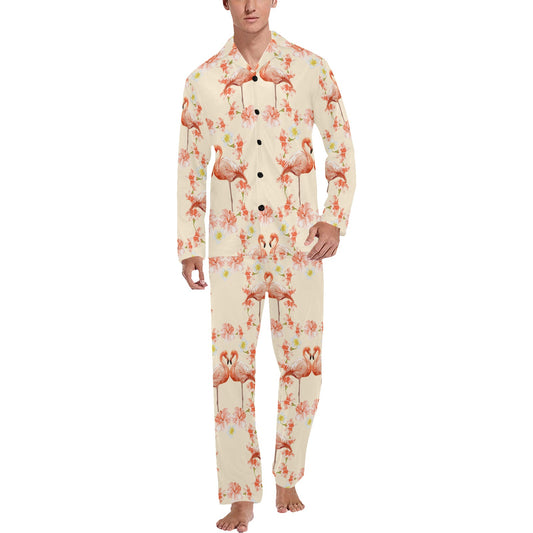 Flamingo Hibiscus Print Pattern Men's Long Pajama Set