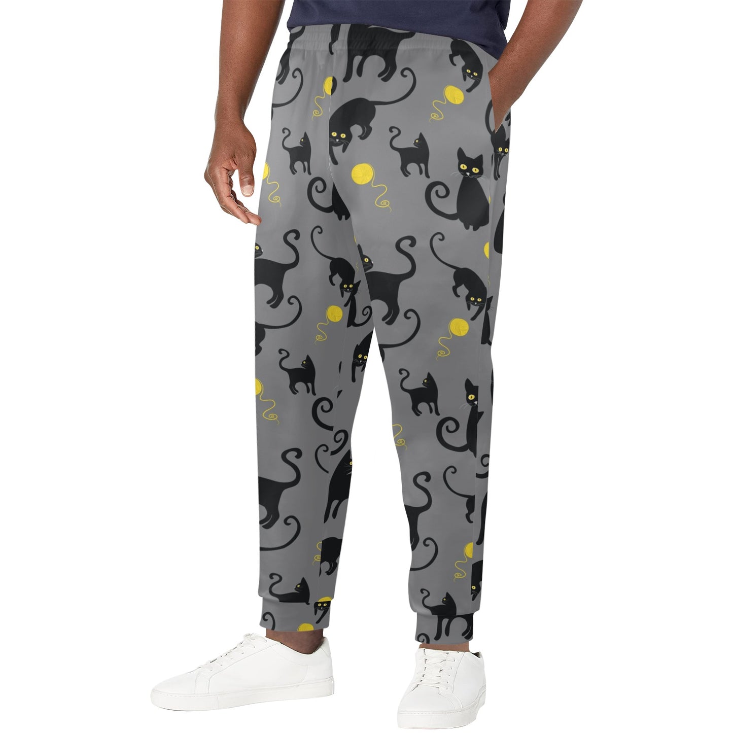 Black Cat Yellow Yarn Print Pattern Men's Casual Track Pants