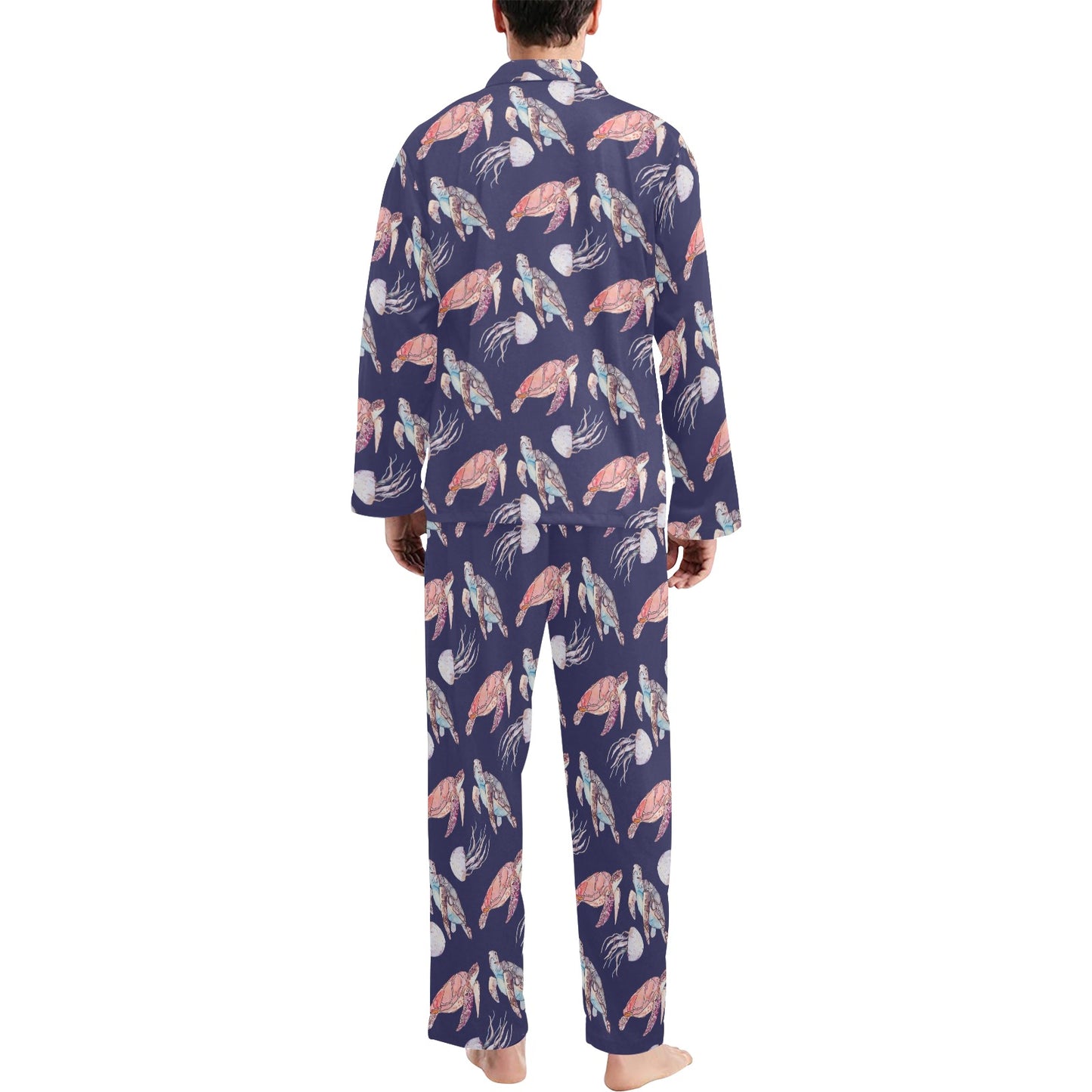 Sea Turtle With Jelly Fish Print Design LKS301 Men's Long Pajama Set