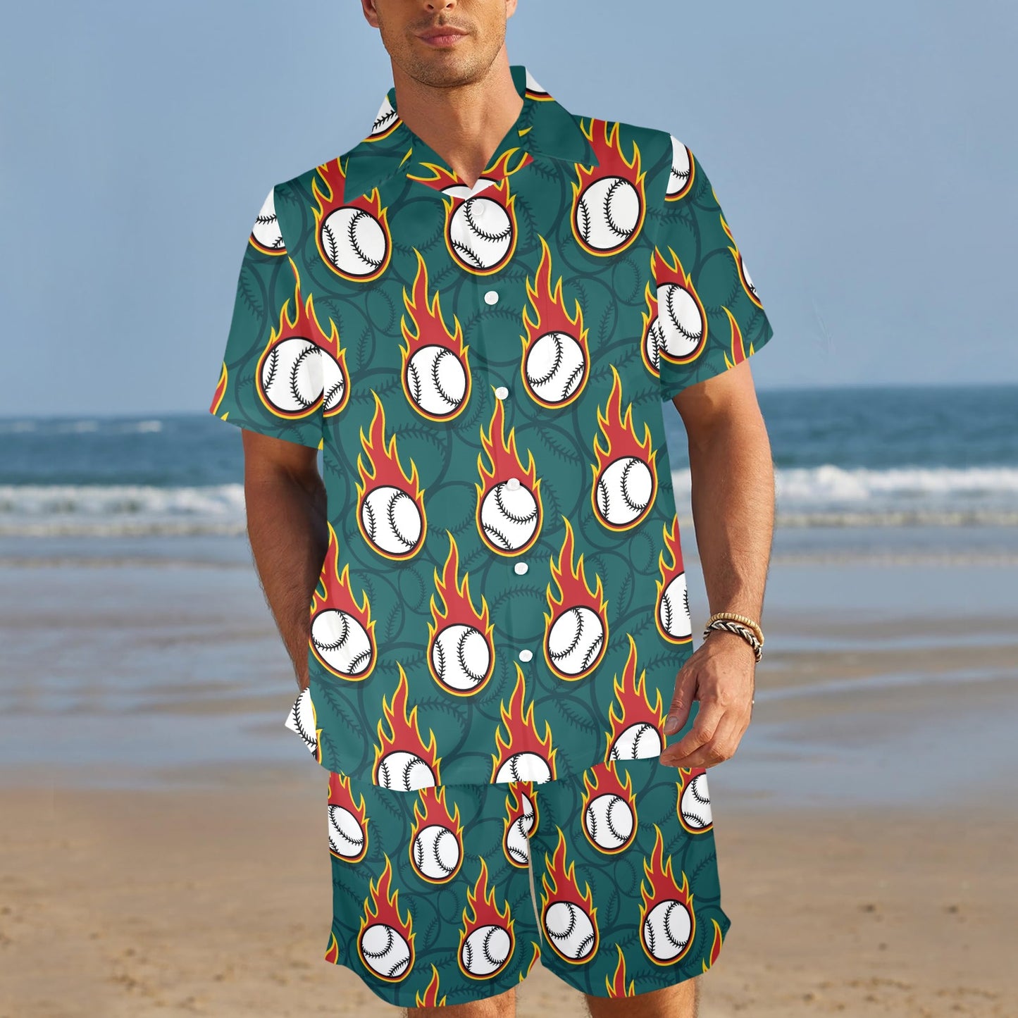 Baseball Fire Print Pattern Men's Beach Shirt and Shorts Set