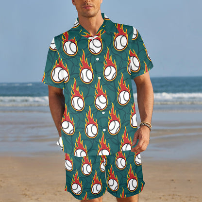 Baseball Fire Print Pattern Men's Beach Shirt and Shorts Set