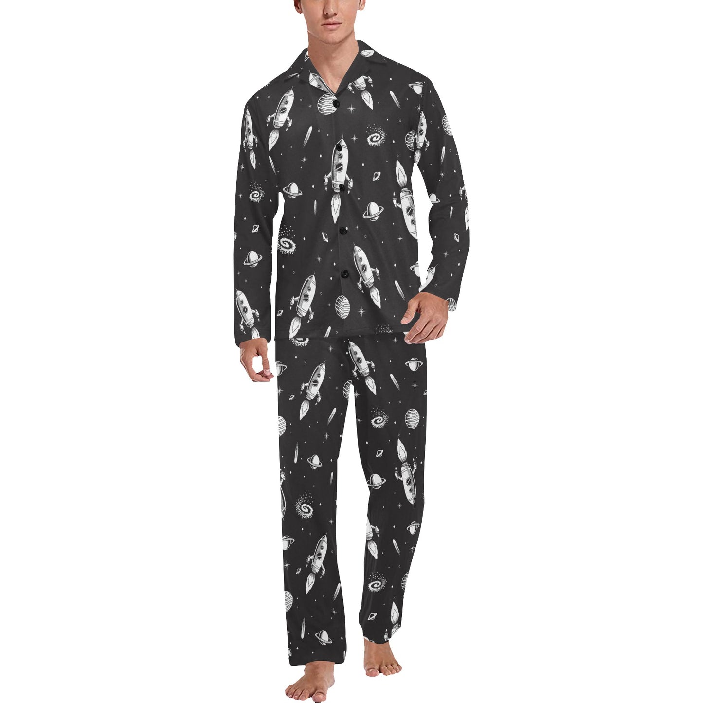 Space Rocket Print Design LKS303 Men's Long Pajama Set