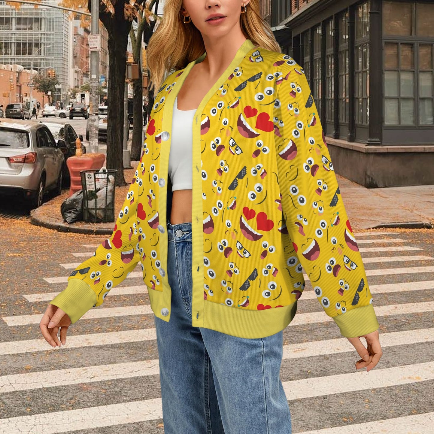 Emoji Face Print Pattern Women's Cardigan