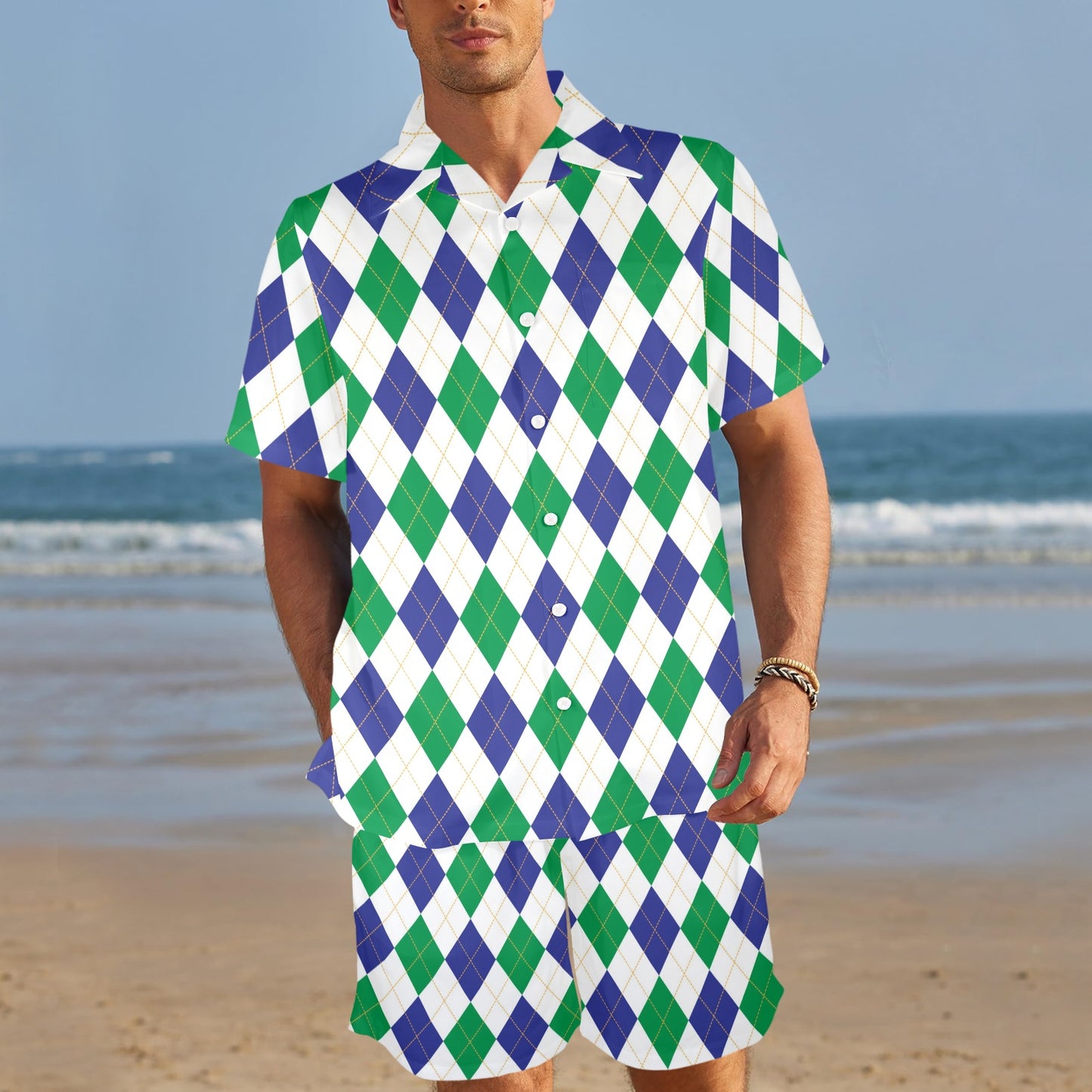 Argyle Green Blue Pattern Print Design 03 Men's Beach Shirt and Shorts Set
