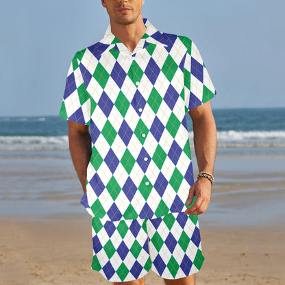 Argyle Green Blue Pattern Print Design 03 Men's Beach Shirt and Shorts Set