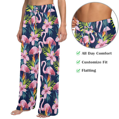Flamingo Hibiscus Print Women's Wide Leg Lounge Pants
